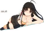  :o ahoge black_hair black_skirt breasts brown_eyes cleavage collarbone hair_intakes hair_ribbon kantai_collection large_breasts llowoll long_hair looking_at_viewer lying miniskirt navel on_side open_mouth orange_legwear pleated_skirt ribbon shouhou_(kantai_collection) simple_background skirt solo thighhighs tress_ribbon twitter_username very_long_hair wet white_background zettai_ryouiki 