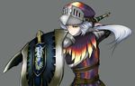  1girl armor capcom female grey_background hat jaggi_(armor) monster_hunter monster_hunter_3 ponytail sheild silver_hair simple_background solo sword weapon yellow_eyes 