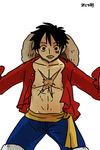  1boy long_sleeves male male_focus monkey_d_luffy one_piece open_shirt red_shirt sash scar shirt solo 