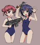  :d arms_up bad_id bad_pixiv_id black_hair brown_eyes brown_hair cropped_legs double_bun finger_on_trigger gochuumon_wa_usagi_desu_ka? gun hair_bun holding holding_gun holding_weapon jouga_maya long_hair multiple_girls natsu_megumi one-piece_swimsuit open_mouth rifle rohitsuka school_swimsuit short_hair sketch smile swimsuit trigger_discipline weapon yellow_eyes 