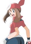  :d ass bandana bike_shorts blue_eyes brown_hair from_behind gloves hainchu haruka_(pokemon) holding holding_poke_ball looking_at_viewer looking_back open_mouth poke_ball pokemon pokemon_(game) pokemon_rse smile solo two_side_up white_background 