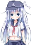  blue_eyes blush esureki hat hibiki_(kantai_collection) kantai_collection long_hair looking_at_viewer navel neckerchief school_uniform serafuku short_sleeves silver_hair skirt smile solo 