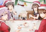  5girls :d ahoge anti_(untea9) balloon black_hair black_serafuku blonde_hair blue_eyes braid brown_hair cake chibi christmas commentary_request cup decorations double_bun eating food food_on_face fork hair_bun hair_flaps hair_ornament hand_on_own_cheek handkerchief hat kantai_collection long_hair multiple_girls naka_(kantai_collection) neckerchief necktie open_mouth orange_eyes plate purple_eyes purple_hair remodel_(kantai_collection) ryuujou_(kantai_collection) sack santa_costume santa_hat sazanami_(kantai_collection) scarf school_uniform serafuku shigure_(kantai_collection) short_hair single_braid slice_of_cake smile strawberry_shortcake sweatdrop tea teacup younger yuudachi_(kantai_collection) 