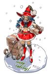  amazon_(company) boots bow box capelet christmas delivery elbow_gloves fur_boots fur_trim gloves grey_hair hair_bow hat highres low_twintails midriff mouth_hold okada_(hoooojicha) original red_footwear santa_boots santa_costume sled snow snow_boots solo thigh_boots thighhighs twintails witch_hat 
