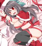  1girl ? ?!! bdsm bell black_hair black_legwear bondage boots bound bow breasts budget_sarashi capelet christmas fang gift gift_wrapping hair_bow hat large_breasts long_hair lying nikku_(ra) on_side open_mouth red_eyes red_footwear red_ribbon reiuji_utsuho ribbon ribbon_bondage santa_hat sarashi solo sweatdrop thighhighs touhou very_long_hair 