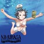  album_cover bikini black_eyes black_hair breasts bubble collarbone commentary cover diving_mask fishing_line fishing_lure hat kuranosuke large_breasts murasa_minamitsu navel nevermind nirvana_(band) open_mouth outstretched_arms parody sailor_hat solo swimsuit touhou underboob underwater white_bikini 