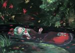  autumn_leaves bow closed_eyes dress fine_art_parody forest front_ponytail green_hair hair_bow ichiba_youichi kagiyama_hina nature open_mouth ophelia_(painting) parody partially_submerged red_dress solo touhou water 