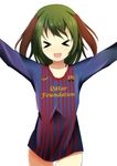  &gt;_&lt; animal_ears arms_up closed_eyes dog_ears fc_barcelona green_hair happy highres kasodani_kyouko la_liga naked_shirt open_mouth shirt short_hair simple_background soccer solo sunyuqian touhou white_background 