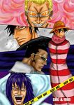  5boys caesar_clown donquixote_doflamingo donquixote_pirates hat jacket monkey_d_luffy multiple_boys one_piece punk_hazard straw_hat trafalgar_law vergo 