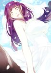  bare_shoulders dress dutch_angle from_below hako_ichiiro hyuuga_hinata lavender_eyes long_hair naruto naruto_(series) petals purple_hair sky solo_focus wedding_dress 