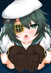  aqua_eyes bad_id bad_pixiv_id blue_background blush breasts brown_gloves cleavage cupping_hands dakku_(ogitsune) eyepatch eyes_visible_through_hair from_above gloves gradient gradient_background green_hair hat heart heart-shaped_pupils kantai_collection kiso_(kantai_collection) large_breasts long_hair looking_at_viewer looking_up open_mouth oral_invitation sailor_hat school_uniform serafuku sexually_suggestive shadow short_sleeves skirt solo symbol-shaped_pupils tongue tongue_out white_skin 