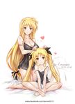  2girls age_difference barefoot blonde_hair blush breasts cleavage crossed_legs dual_persona erementa fate_testarossa hand_on_another's_head heart highres kneeling large_breasts long_hair low-tied_long_hair lyrical_nanoha mahou_shoujo_lyrical_nanoha multiple_girls older pajamas panties small_breasts smile spread_legs time_paradox twintails underwear very_long_hair younger 