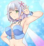  amagi_brilliant_park armpits blue_hair breasts green_eyes hair_ornament highres kanden_suki looking_at_viewer medium_breasts muse_(amaburi) one_eye_closed short_hair smile solo 