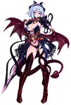  ass_visible_through_thighs bad_revision bat_wings blue_hair breasts cleavage demon_girl full_body highres horns jewelry kenkou_cross large_breasts looking_at_viewer md5_mismatch monster_girl monster_girl_encyclopedia official_art pointy_ears seductive_smile simple_background smile solo standing succubus succubus_(monster_girl_encyclopedia) succubus_wilmarina sweat tail thighhighs white_background wilmarina_noscrim wings 