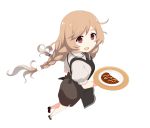  1girl alternate_costume apron ascot black_skirt braid brown_eyes brown_neckwear curry curry_rice food from_above full_body gradient_hair holding holding_tray kantai_collection light_brown_hair long_hair looking_at_viewer minegumo_(kantai_collection) multicolored_hair open_mouth perspective plate puffy_short_sleeves puffy_sleeves rice shirt short_sleeves simple_background skirt smile solo tray tun twin_braids white_background white_hair white_legwear white_shirt 
