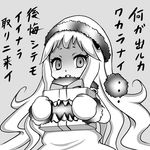  box comic gift gift_box greyscale hat horns kantai_collection long_hair looking_at_viewer mittens monochrome northern_ocean_hime roshiakouji-chan santa_hat shinkaisei-kan solo translation_request 