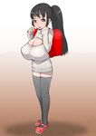  backpack bag black_hair blush breasts cleavage cleavage_cutout j7w large_breasts long_hair meikko-chan_(j7w) meme_attire open-chest_sweater open_mouth oppai_loli original randoseru ribbed_sweater simple_background smile solo sweater thighhighs turtleneck 