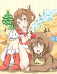  :d alternate_costume animal_costume bare_shoulders bell boots box brown_eyes brown_hair christmas christmas_tree fang folded_ponytail fur_trim gift gift_box gloves hair_ornament hairclip highres ikazuchi_(kantai_collection) inazuma_(kantai_collection) kantai_collection knees_together_feet_apart looking_at_viewer lying multiple_girls nagisa_(imizogami) on_stomach open_mouth red_footwear red_gloves reindeer_costume sack santa_costume smile striped striped_background torpedo vertical-striped_background vertical_stripes yellow_eyes 