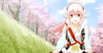  1girl animated animated_gif bicycle cherry_blossoms cherry_trees cloud female long_hair pink_hair red_eyes sky solo soniani super_sonico 