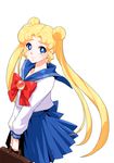  back_bow bag bishoujo_senshi_sailor_moon blonde_hair blue_eyes blue_sailor_collar bow deyezi double_bun juuban_middle_school_uniform long_hair red_bow sailor_collar school_uniform serafuku skirt smile solo tsukino_usagi twintails very_long_hair 