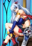  bare_shoulders bol_(liliymimi) bread breasts detached_sleeves dressing eleonora_viltaria food hair_ornament highres large_breasts long_hair looking_at_viewer madan_no_ou_to_vanadis midriff mouth_hold navel red_eyes silver_hair sitting skindentation socks solo sweatdrop sword very_long_hair weapon 