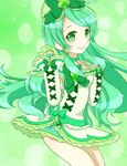  arm_warmers borrowed_character bow brooch choker cure_alto_(0417nao) green green_background green_choker green_eyes green_hair hair_bow jewelry long_hair original precure ribbon skirt smile solo tama_(miloque) 