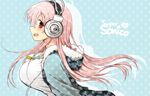  blush breasts character_name headphones katamari_(haruumi00) large_breasts long_hair looking_at_viewer looking_to_the_side nitroplus open_mouth pink_hair profile red_eyes smile solo super_sonico 