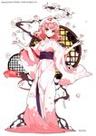  blush breasts cherry_blossoms floral_print hat ideolo japanese_clothes kimono looking_at_viewer medium_breasts obi off_shoulder pink_hair red_eyes round_window saigyouji_yuyuko sash short_hair simple_background smile solo touhou triangular_headpiece white_background window 
