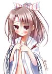  blush brown_eyes brown_hair esureki hair_ribbon kantai_collection long_hair looking_at_viewer open_mouth ponytail ribbon solo upper_body wide_sleeves zuihou_(kantai_collection) 