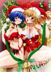  aqua_eyes bell bell_collar belt blonde_hair blue_hair blush bra breasts christmas_tree cleavage collar collarbone eyepatch green_ribbon hair_between_eyes hand_on_another's_shoulder hat ikkitousen jewelry jpeg_artifacts large_breasts long_hair looking_at_viewer merry_christmas multiple_girls navel necklace official_art open_mouth red_eyes red_hat ribbon ryomou_shimei santa_costume santa_hat short_hair sitting skirt sonsaku_hakufu torn_bra torn_clothes torn_skirt underboob underwear 
