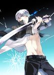  cowboy_shot crack grey_eyes katana kuroemon looking_at_viewer male_focus narukami_yuu navel open_clothes open_shirt persona persona_4 school_uniform shirt silver_hair solo sword toned toned_male weapon 