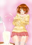  !? 1girl blush breast_expansion breast_hold breasts brown_eyes brown_hair erect_nipples glass huge_breasts lactation milk milk_carton milk_leaking_through_clothing short_hair skirt solo surprised sweater thigh_gap thighhighs zettai_ryouiki 