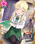  artist_request blonde_hair blush bow brooch card_(medium) character_name clarice_(idolmaster) closed_eyes flower_(symbol) green_skirt hair_bow idolmaster idolmaster_cinderella_girls jewelry official_art pantyhose skirt solo 