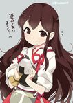  akagi_(kantai_collection) brown_eyes brown_hair eating food food_on_face gloves hakama_skirt japanese_clothes kantai_collection long_hair looking_at_viewer muneate naitou_ryuu onigiri partly_fingerless_gloves simple_background single_glove smile solo translation_request twitter_username very_long_hair yugake 