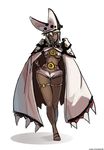  bad_id bad_pixiv_id beltbra breasts cape contrapposto crossed_legs dark_skin full_body guilty_gear guilty_gear_xrd hand_on_hip hat highres long_hair medium_breasts one_eye_closed orange_eyes penelope_and_me ramlethal_valentine short_shorts shorts silver_hair solo standing thigh_strap toes underboob watson_cross white_background wide_hips 