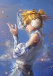  2014 a-shacho absurdres alternate_costume bad_id bad_pixiv_id blonde_hair character_name cherry_blossoms cloud detached_sleeves green_eyes headphones highres kagamine_len male_focus petals ponytail profile short_ponytail sky solo vocaloid wind 