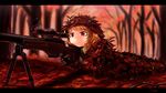 aki_minoriko artist_name autumn autumn_leaves blonde_hair camouflage fatigues food fruit gloves grapes gun hat hat_ornament highres kys_(k-k2) letterboxed lying nature on_stomach red_eyes rifle scope serious short_hair sniper_rifle solo stick touhou tree weapon 