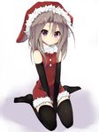  alternate_costume amano_kouki black_gloves black_legwear blush brown_hair flat_chest fur_trim gloves hat heart heart-shaped_pupils highres kantai_collection long_hair looking_at_viewer no_shoes purple_eyes santa_costume santa_hat sitting sleeveless smile solo symbol-shaped_pupils v_arms wariza zuihou_(kantai_collection) 