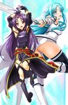  ass asuna_(sao) asuna_(sao-alo) black_footwear blue_eyes blue_hair boots breastplate fingerless_gloves gloves hairband highres knee_boots leotard long_hair multiple_girls panties pointy_ears purple_hair q-gaku red_eyes sword sword_art_online thighhighs underwear very_long_hair weapon white_footwear yuuki_(sao) 