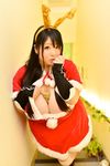  1girl asian black_hair breasts brown_eyes christmas danboo fat gloves hoshima_mika huge_breasts photo santa_costume yotsubato! 