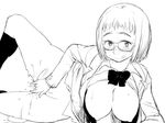  akatsukikatsuie arm_support black_legwear blazer blush bottomless bow bowtie breasts breasts_outside curvy fingering glasses hanging_breasts kiseijuu kneehighs large_breasts licking_lips looking_at_viewer lying masturbation monochrome motion_lines mound_of_venus naughty_face nipples on_side open_clothes parasyte pussy_juice school_uniform short_hair simple_background sketch socks solo spread_legs sweat thick_eyebrows tongue tongue_out white_background 