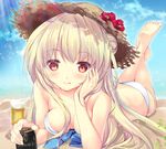  :p bad_id bad_pixiv_id banned_artist beach beer_mug bikini blonde_hair breasts brown_eyes can cleavage day guinness_(beer) hair_bun hat looking_at_viewer lying medium_breasts on_stomach original smile solo straw_hat suihi swimsuit tongue tongue_out 