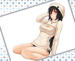  black_hair black_panties blush breasts cleavage cleavage_cutout hat highres lace lace-trimmed_panties large_breasts long_hair looking_at_viewer meme_attire midnight_(banyex) open-chest_sweater original panties red_eyes ribbed_sweater sitting solo sweater turtleneck underwear wariza 