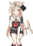  1girl animal_ears blonde_hair blush cat_ears cat_tail gradient_hair hair_flaps hair_ornament hair_ribbon hairclip hand_on_another's_head kantai_collection kemonomimi_mode kneehighs long_hair multicolored_hair nakamura_kumarin neckerchief one_eye_closed pleated_skirt red_eyes red_neckwear remodel_(kantai_collection) ribbon scarf school_uniform serafuku skirt tail tail_wagging white_scarf yuudachi_(kantai_collection) 