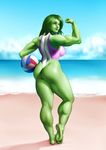  ass ball barefoot beach breasts competition_swimsuit day feet flexing from_behind full_body green_eyes green_hair green_skin jennifer_walters kairuhentai kneepits large_breasts lips long_hair looking_back marvel muscle muscular_female nose ocean one-piece_swimsuit pose she-hulk smile soles solo swimsuit thick_thighs thighs toes volleyball 