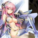  47agdragon arm_support boots breasts detached_sleeves headgear highres large_breasts long_hair looking_at_viewer mecha_musume navel original pink_eyes pink_hair sitting solo tattoo thigh_boots thighhighs 