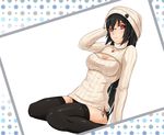  black_hair black_legwear black_panties blush breasts cleavage cleavage_cutout glasses hat highres lace lace-trimmed_panties large_breasts long_hair looking_at_viewer meme_attire midnight_(banyex) open-chest_sweater original panties red_eyes ribbed_sweater rimless_eyewear sitting solo sweater thighhighs turtleneck underwear wariza 