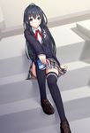  black_hair black_legwear blue_eyes blush book highres loafers long_hair looking_at_viewer school_uniform seatollead shoes sitting sitting_on_stairs skirt solo stairs thighhighs yahari_ore_no_seishun_lovecome_wa_machigatteiru. yukinoshita_yukino 