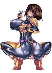  alternate_hairstyle asagiri_(pixiv_#10372) ass black_bodysuit blush bodysuit breast_hold breasts brown_hair cameltoe commentary_request covered_nipples from_behind full_body huge_breasts looking_at_viewer looking_back muvluv muvluv_alternative muvluv_total_eclipse pilot_suit purple_eyes shiny shiny_hair short_hair simple_background skin_tight solo squatting takamura_yui v wavy_mouth white_background 