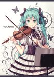  bad_id bad_pixiv_id bow copyright_name green_eyes green_hair hair_bow hair_ribbon hatsune_miku holding instrument long_hair looking_at_viewer music playing_instrument ribbon smile solo soulkiller twintails violin vocaloid 